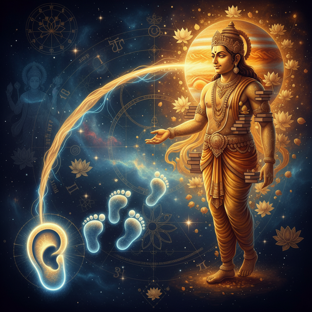 बृहस्पति श्रवण नक्षत्र में — Vishnu (preserver) देवता, learning, listening, communication, connection गुण, वैदिक ज्योतिष प्रभाव