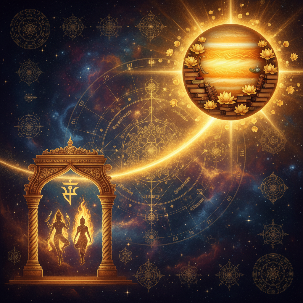 बृहस्पति विशाखा नक्षत्र में — Indra and Agni देवता, determined, purposeful, ambitious, dual nature गुण, वैदिक ज्योतिष प्रभाव