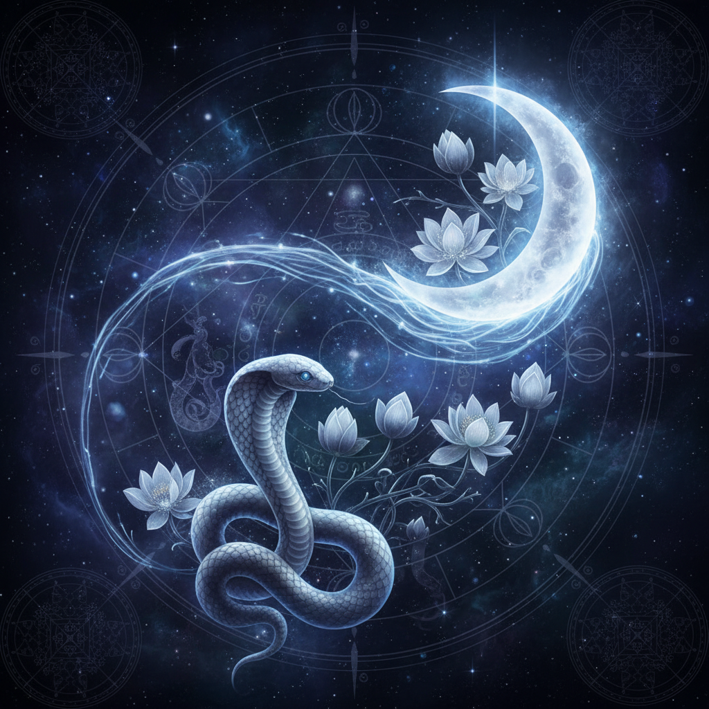 Moon in Ashlesha Nakshatra — Nagas (serpent spirits) deity, hypnotic, cunning, penetrating, mystical quality, Vedic astrology effects
