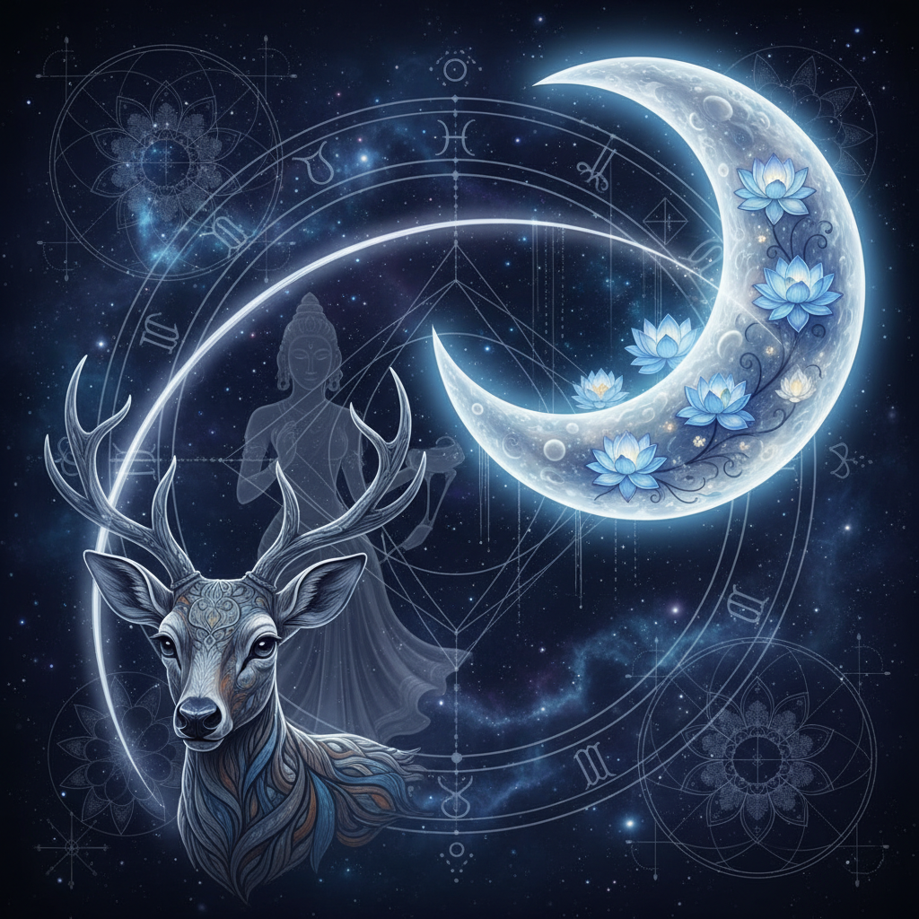 चंद्र मृगशिरा नक्षत्र में — Soma (moon god) देवता, curious, searching, gentle, artistic गुण, वैदिक ज्योतिष प्रभाव
