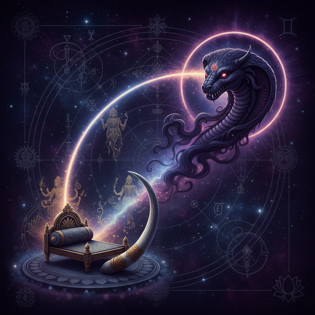 Rahu in Uttara Ashadha Nakshatra — cosmic forces deity, mysterious, transformative quality, Vedic astrology effects