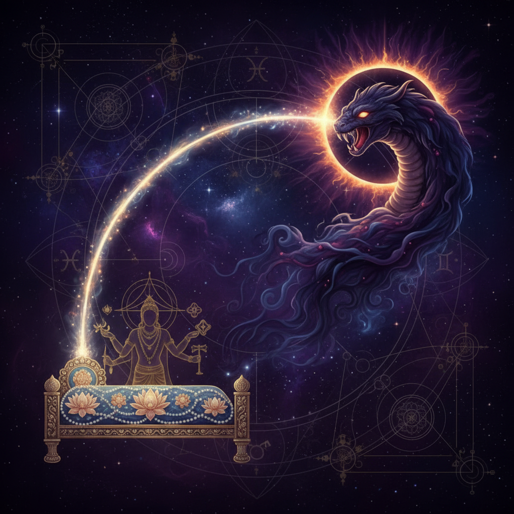Rahu in Uttara Phalguni Nakshatra — cosmic forces deity, mysterious, transformative quality, Vedic astrology effects