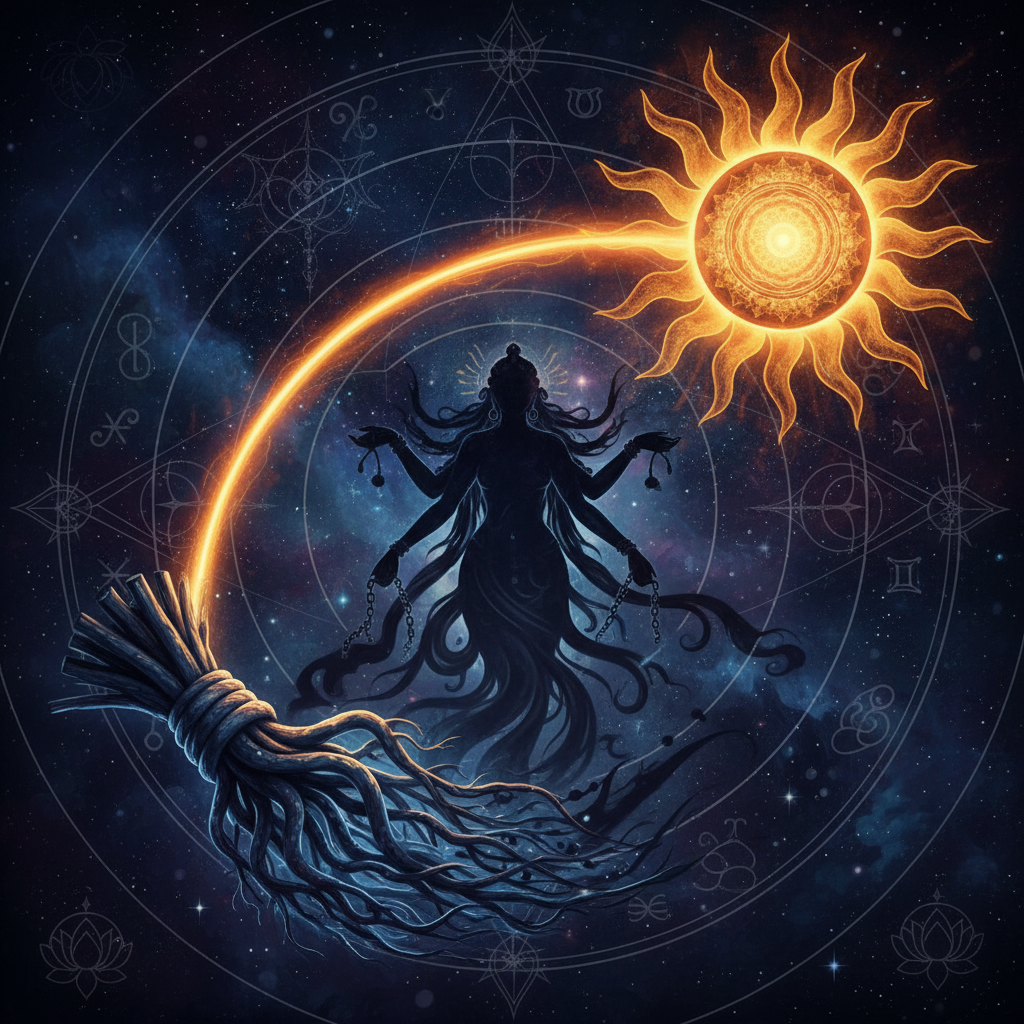 Sun in Mula Nakshatra — Nirriti (goddess of dissolution) deity, roots, dissolution, philosophical, intense quality, Vedic astrology effects