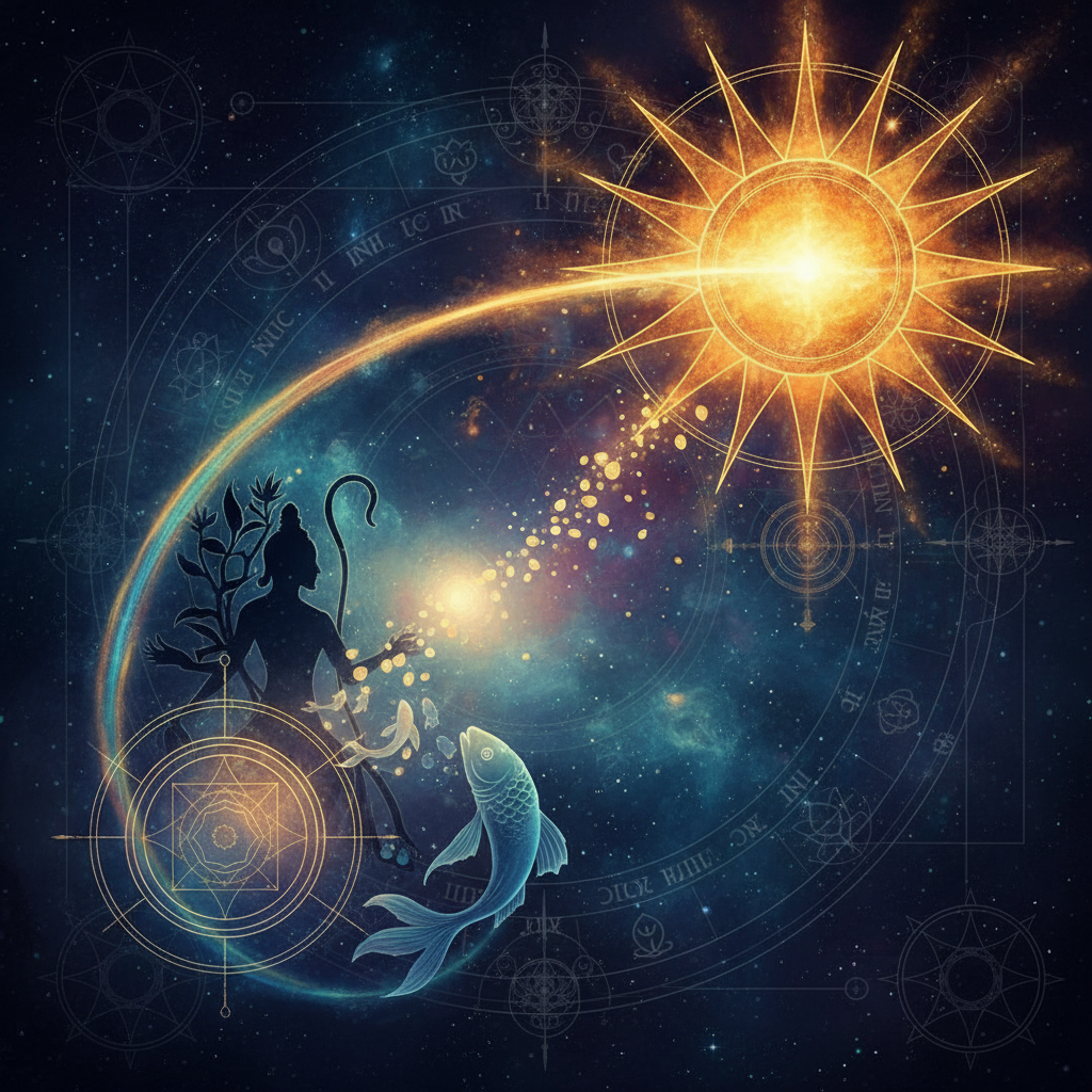 Sun in Revati Nakshatra — Pushan (nourisher, guide of souls) deity, nurturing, completing, transcendent, abundant quality, Vedic astrology effects